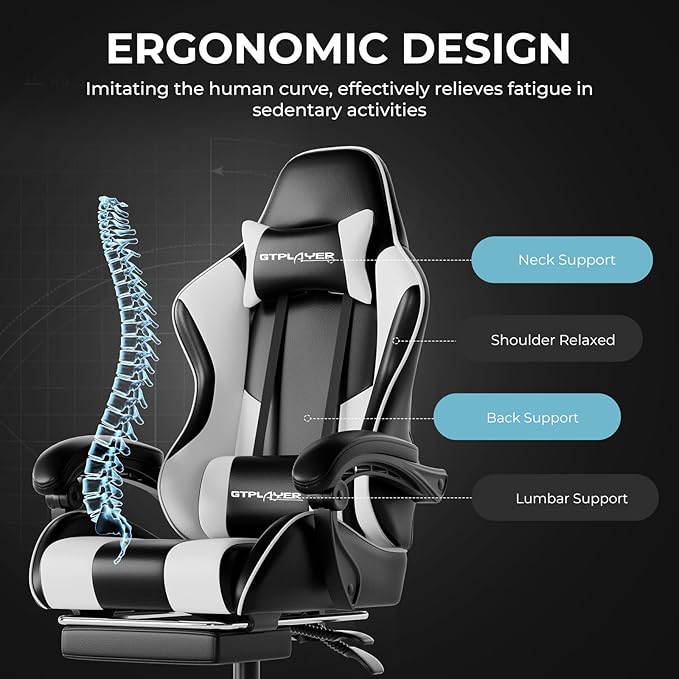 GTPLAYER Gaming Chair Computer Chair with Footrest and Lumbar Support Height Adjustable Game Chair with 360°-Swivel Seat and Headrest and for Office or Gaming (White)