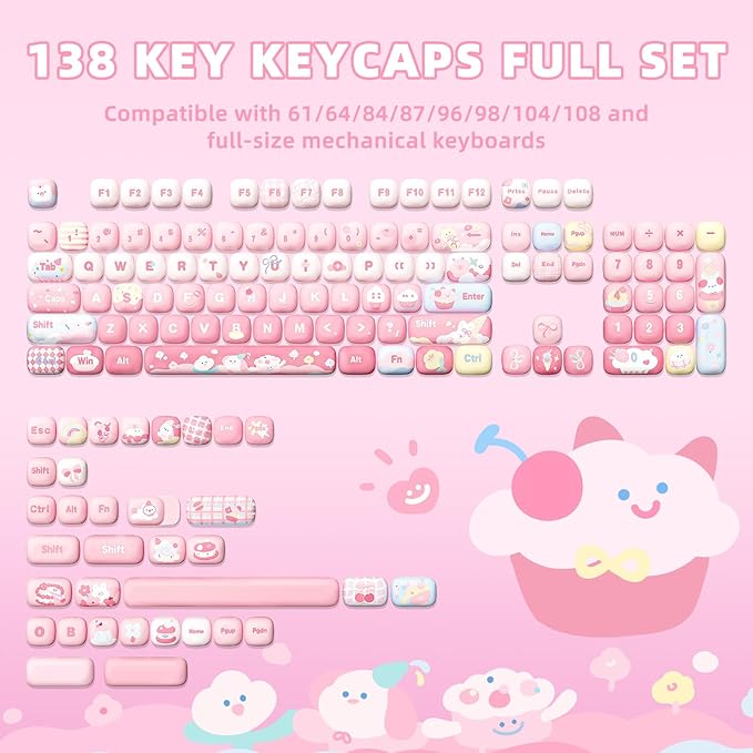 YUNZII Cute Pink Ice Cream Custom Keycaps 138 Keys Dye Sub PBT MOG Profile Keycap Set for Mechanical Gaming Keyboards (Pink Ice Cream)
