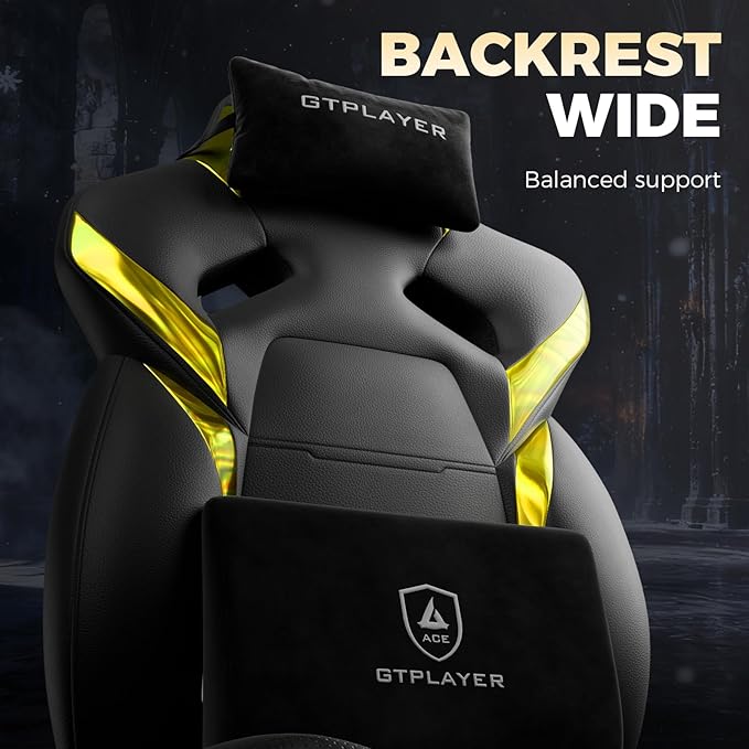 GTPLAYER Big and Tall Gaming Chair for Adults Ergonomic Office Chair with Footrest Heavy Duty 350 lbs Capacity High Back Premium Leather &amp Iridescent Trim ACE-Armor Yellow (Iridescent)