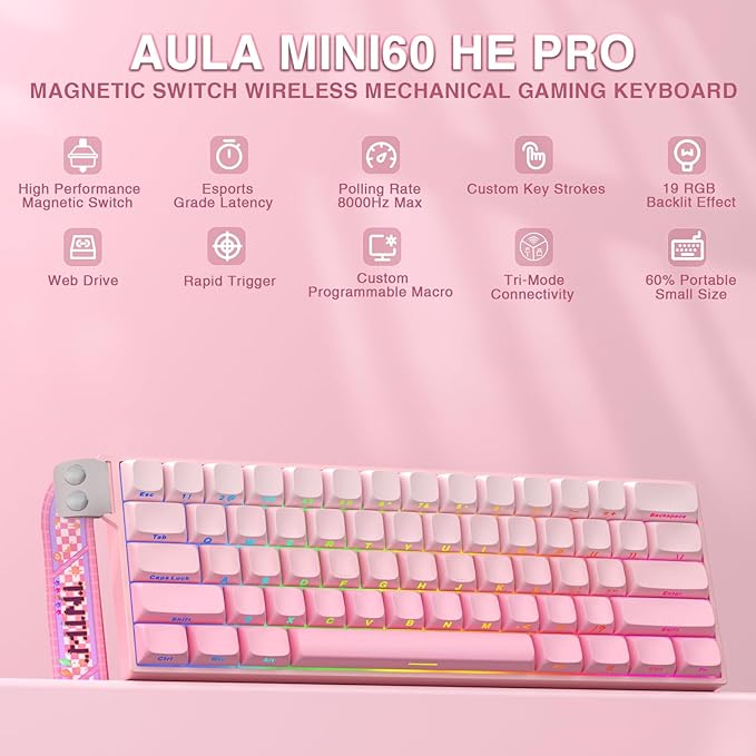 Aula MINI60 HE PRO - 60% Mechanical Gaming Keyboard Wireless Hall Effect Magnetic Switch Hot Swappable Adjustable Actuation Rapid Trigger Mode 8000 Hz Polling Rate 60 Percent Compact Design Pink