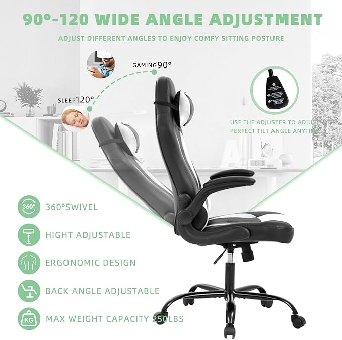Big &amp Tall Ergonomic PU Leather Adult Gaming Chair - White