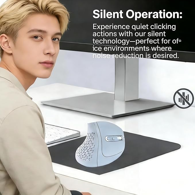 Bluetooth Wireless Dual-Mode Vertical Mouse - Silent Click Ergonomic Comfort for Office &amp Home Use Rechargeable with LED Breathing Light Compatible with Multiple Devices (Blue)