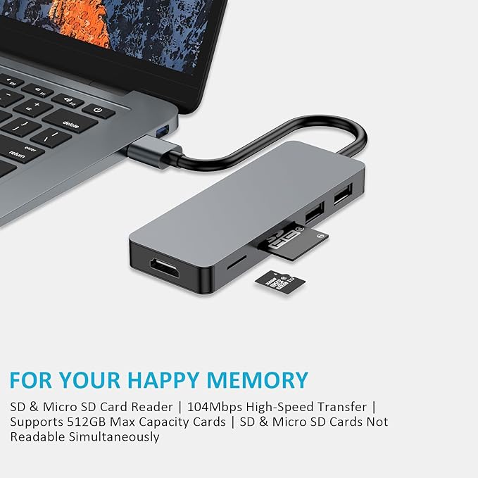 USB Hub 5 in 1 USB Adapter USB 3.0 Hub Multiport with HDMI 2 USB A 2.0 Ports SD/TF Card Reader USB A Docking Station Compatible with Win11/10/8/7/XP/Mac OS (Non Vista/Linux) (Space Gray)