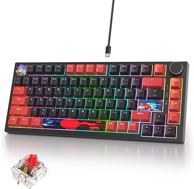 75% Mechanical Gaming Keyboard with Hot Swappable RGB Backlit Custom Knob Gasket Mount USB Wired Keyboard 82 Red Black Linear Red Switch Keys