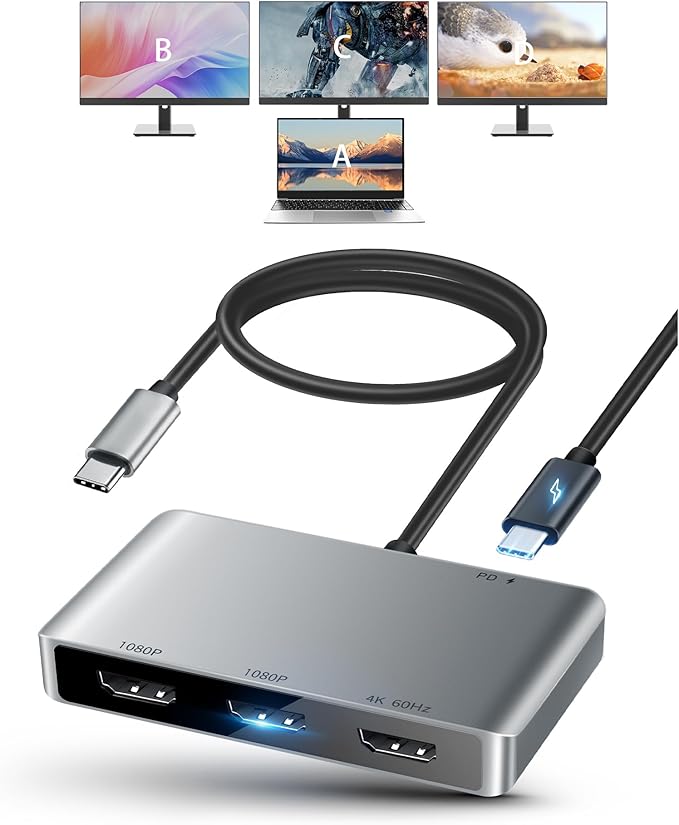 avedio links USB C to HDMI Multi Monitor Adapter HDMI Splitter 1 in 3 Out Extended Display for Triple Monitor with 100W PD Port Out 1 4K@60Hz Out 2 and 3 1080p Display for Windows Mac OS