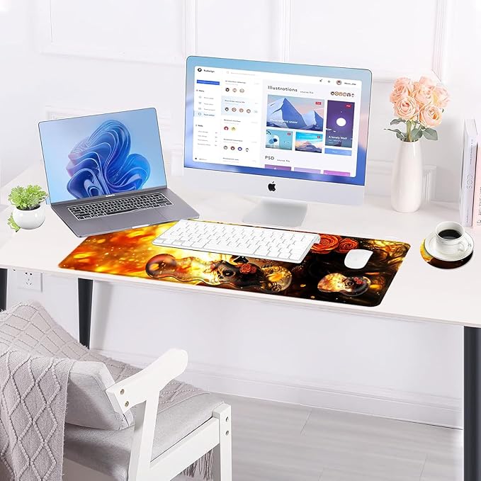 Large Keyboard Mouse Pad Set Extended Mouse Pad+Keyboard Wrist Rest Support Memory Foam Ergonomic Easy Typing 4Pcs (31.5×11.8 in) Desk Pad Set for Office HomeSkull Woman with Rose