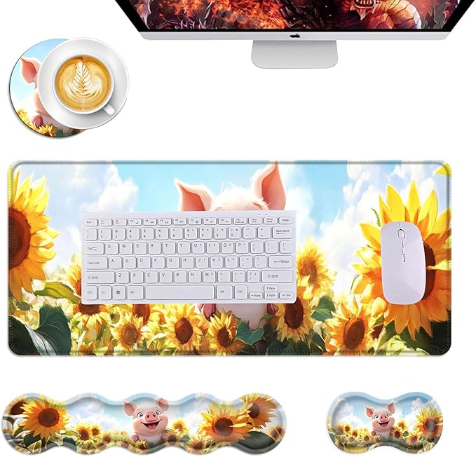 Mouse PadLarge Desk Mat Set 4in1 XL Mousepad + Keyboard Wrist Rest+Mouse Wrist Rest+Coaster with Ergonomic Desk Pad for Home Office Table Computer Cover -Pig in Sunflower Field