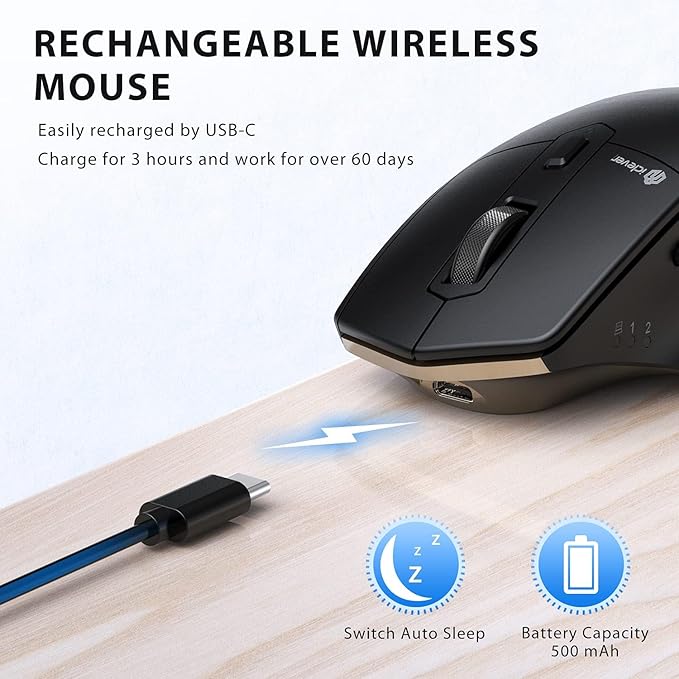 iClever Wireless Mouse with Bluetooth or USB Receiver 5 Adjustable 2400DPI Rechargeable Computer Mice Wireless Mouse for Laptop iPad MacBook Tablet PC