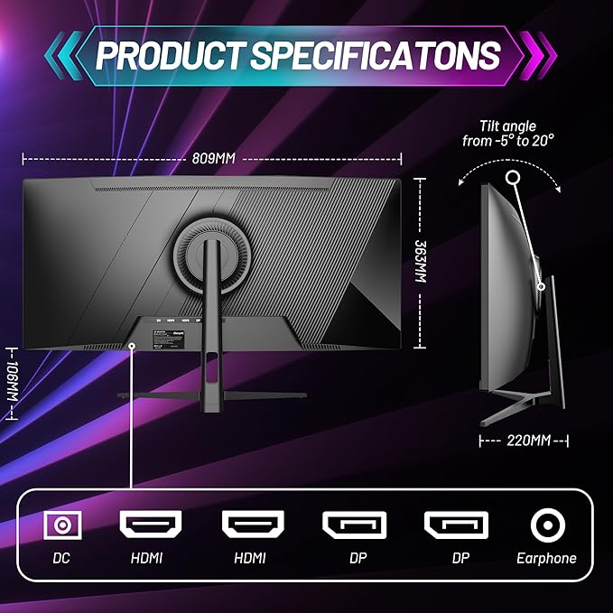 34 Inch Ultrawide Curved Gaming Monitor - WQHD 3440x1440p 165Hz 120% sRGB FreeSync VESA Mountable (DP&ampHDMI Cable Incl.) - Immersive PC Monitor for Gamers &amp Professionals Black