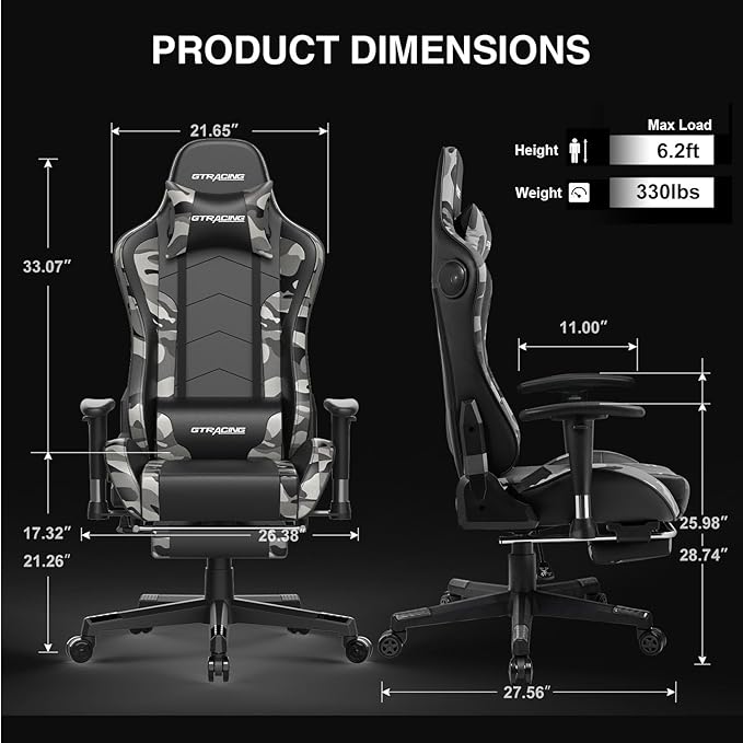GTRACING Gaming Chair with Footrest Speakers Video Game Chair Bluetooth Music Heavy Duty Ergonomic Computer Office Desk Chair Camouflage