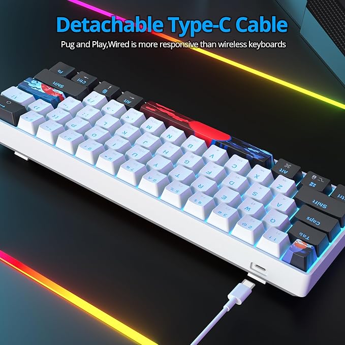 Portable 60% Mechanical Gaming Keyboard 60 Percent Red Switch LED Backlit 61 Keys Mini White USB Wired Office Keyboard for Windows Mac Laptop PC (61 Black &amp White)