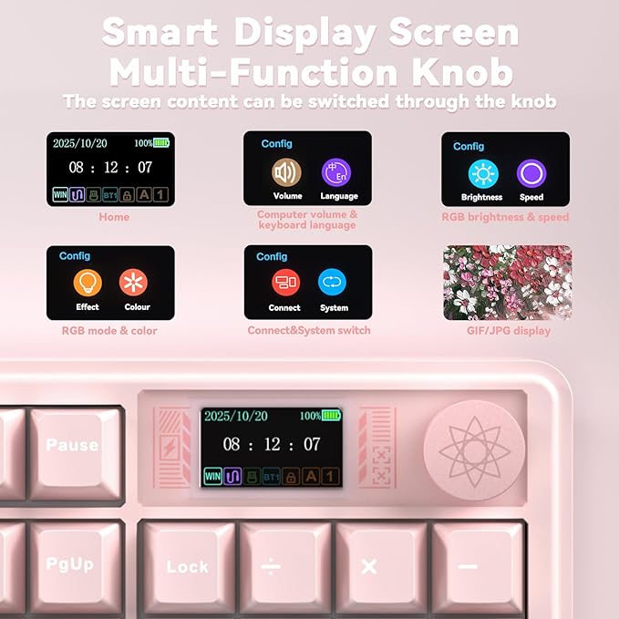 LINGBAO K108 Pro Wireless Mechanical Keyboard with Screen &amp Knob Full Size Creamy Keyboard with Number Pad 10000mAh Battery PBT Keycaps RGB Backlit Hot-swappable Pink Gaming Keyboard for PC/M