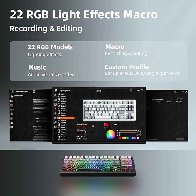 ZORNHER ZH870 Wireless Mechanical Gaming Keyboard80% Black Custom Creamy Sound Keyboard with Shine Through PBT KeycapsPre-lubed Linear SwitchesHot-SwappableRGB Backlit2.4GHz/USB-C/BT5.0