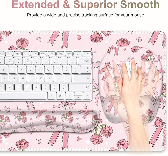 Pink Mouse Pad with Wrist Support 4 in1 Set XXL Big Game Mousepad + Keyboard Wrist Rest + Mouse Wrist Rest Pad +Coaster Gaming Mat for Home Office Work Computer Laptop PC I Sweet Rose &amp Heart Bow