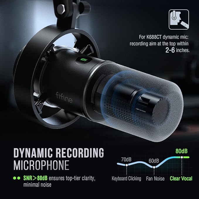 FIFINE K688 Podcast Microphone Kit USB/XLR Dynamic Microphone with Boom Arm for PC/XLR Mixer Gaming Mic with Mute Button Headphone Jack for Vocal Voice-Over Streaming Music Recording -K688CT