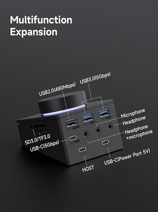 Hagibis Knob USB C Hub with Shortcut Buttons RGB Type-C Docking Station with 5Gbps USB-C 2 USB3.0 3.5mm Jack SD/Micro SD3.0 USB2.0 for MacBook iPad Pro Laptop (Black AG)