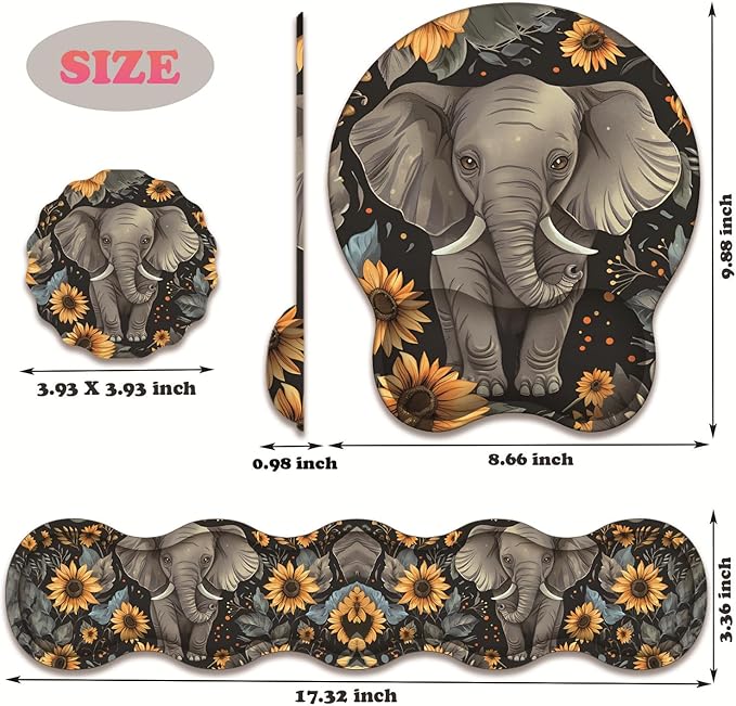 3 in 1 Keyboard Wrist Rest + Mouse Pad and Coaster Ergonomic Gel Mouse Pad and Keyboard Pad Set Comfortable Lightweight for Easy Typing Pain Relie Baby Elephant and Sunflower