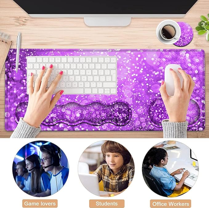 Large Gaming Mouse Pad (31.5x11.8 in) Rubber Base XXL Mousepad with Stitched Edges Ergonomic Keyboard Wrist Rest Extended Mouse Mat Desk Pad for Work Game Office Purple Mousepad
