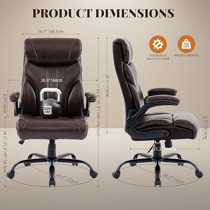Office ChairBig and Tall Office Chairs 500LBS Wide Ergonomic Gaming Chair Executive Leather Computer Chairs with Adjustable Height &amp 360° Swivel Rolling Wheels for WorkChocolate