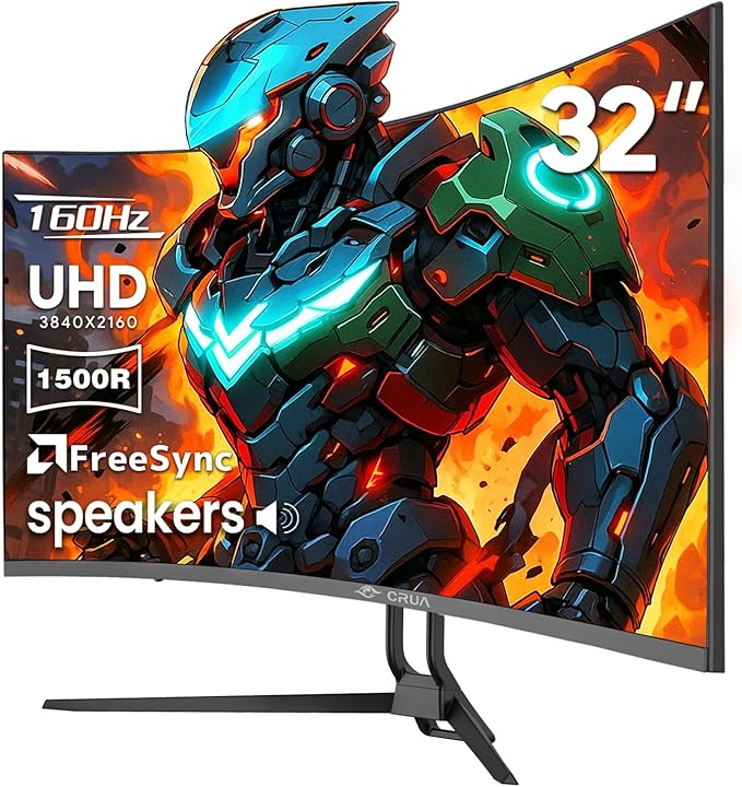 CRUA 32 Curved Gaming Monitor 4k UHD(3840 * 2160P) VA Screen 1500R 144Hz/160Hz Computer Moniter Supports AMD Freesync 120% sRGB Built-in Speakers Wall Mountable Installs(HDMI 2.1/DP 1.4)-Black
