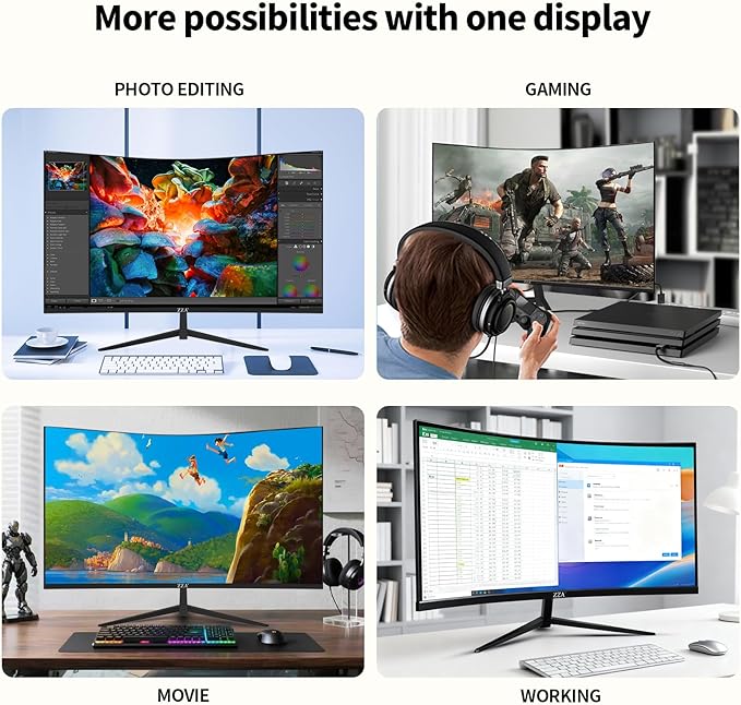 ZZA 32 Inch 4K 1500R Computer Monitor UHD (3840 x 2160) 60Hz Ultra-Clear Screen 100% sRGBEye Care Screen with HDMI DisplayPort for Home and Office VESA(100x100mm)
