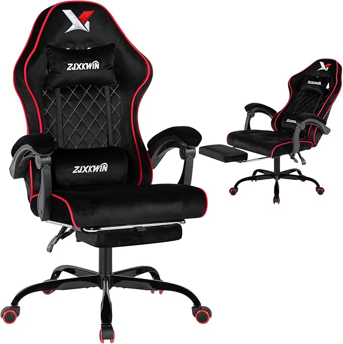Gaming Chair with Footrest Ergonomic Computer Chair with Headrest &amp Lumbar Support Skin-Friendly Velvet Adjustable Height &amp Backrest Linked Armrest for Gamer Home Adults Office RestRed