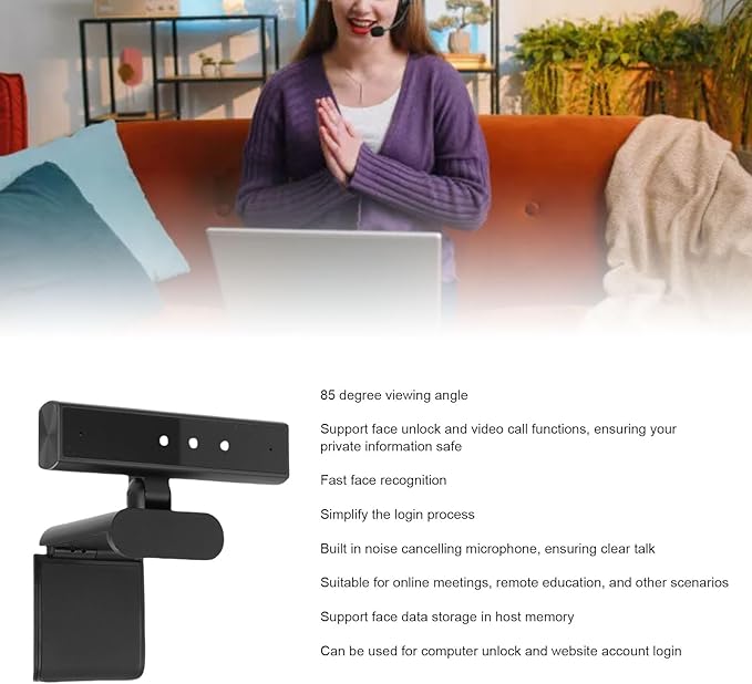 Yoidesu Face Recognition Webcam HD Face Unlock Webcam Computer Camera with Mic 85 Degree Lens 5MP Pixels and 2560x1440 Video Resolution