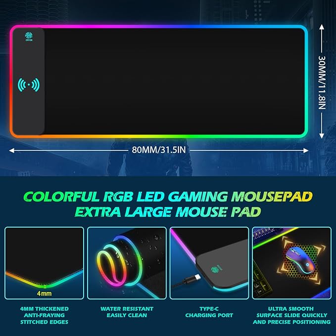 ToLuLu RGB Gaming Wireless Charging Mouse Pad 5/7.5/10/15W 10 Light Modes LED Mouse Pad Computer Keyboard Mat Mousepad 800x300x4MM Extended Large Desk Mat for Gaming MacBook Laptop PC Black