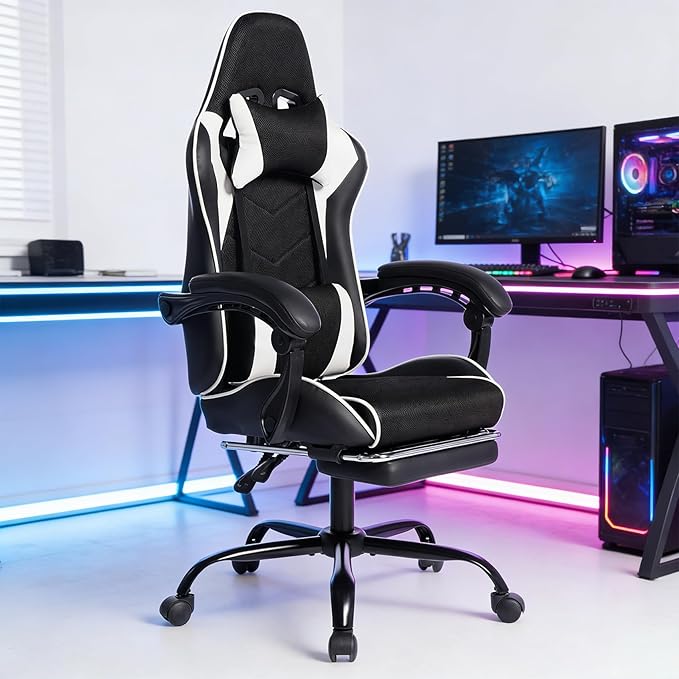 Gaming Chair High Back Ergonomic Office Chair with Massage Lumbar Support and Footrest Reclining Swivel Gamer Seat for Adults Kids Home Bedroom Black White