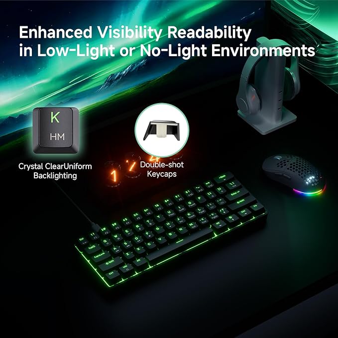 TMKB 60% Mechanical Gaming Keyboard Red Linear Switch LED Backlight Anti-Ghosting Detachable USB-C Double-Shot Keycaps 61 Keys Wired Black