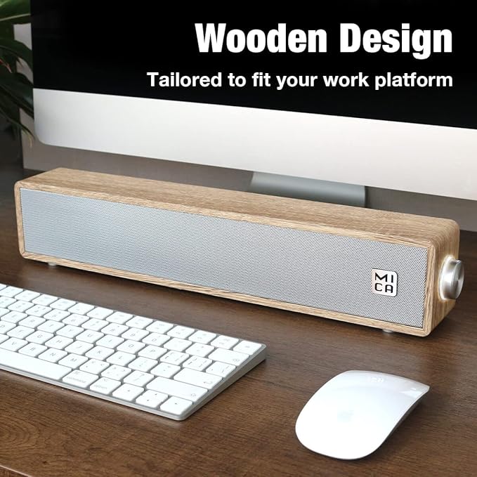 MICA Computer Speakers Wired Computer Sound Bar Wooden Mini Soundbar USB Powered PC Speakers for Desktop Monitor Laptop Tablet 3.5mm Aux Connection Yellow &amp Black (M30i)