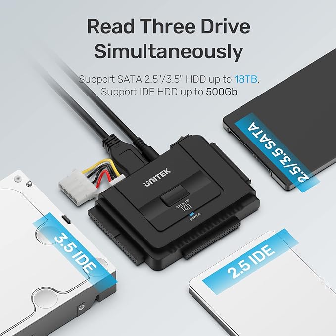 Unitek USB C to IDE and SATA Converter External Hard Drive Adapter Kit for Universal 2.5/3.5 HDD/SSD Hard Drive Disk One Touch Backup Function Included 12V/2A Power Adapter
