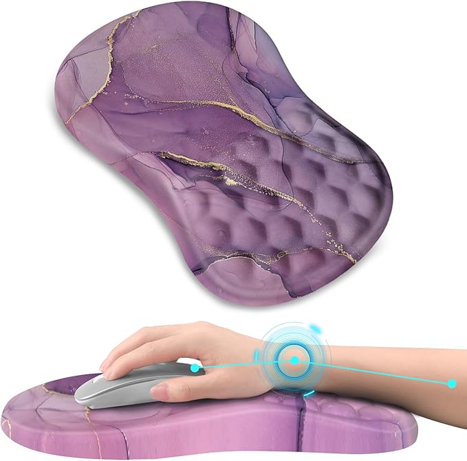 AIMSA Upgraded Wrist Rest Support Mouse Pad Ergonomic Mousepad Massage Memory Foam Design Pain Relief Comfortable Wrist Cushion Mat Non-Slip PU Base for Home Office Purple Marble