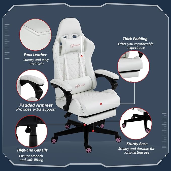 Gaming Chair Ergonomic PU Leather Office Chair High Back Swivel Recliner with Footrest Lumbar Support Adjustable Height 360° Rotation (White)