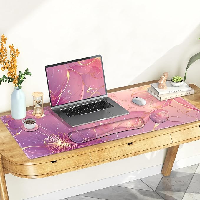 Desk Mat Pad Gaming Mouse Pad Wrist Support Set 4 in1 Non-Slip Large Mousepad + Ergonomic Keyboard Wrist Rest+Mouse Wrist Rest+Coaster for Home Office Computer I Pink Purple Gold Floral