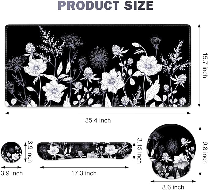 Gaming Mouse Pad Large Desk Mat Cute Desk Pad Protector 4in1 XXL Mousepad + Keyboard Wrist Rest+Mouse Wrist Rest+Coaster Set with Ergonomic Desk Pad for Home Office PC Computer Black White Flowers