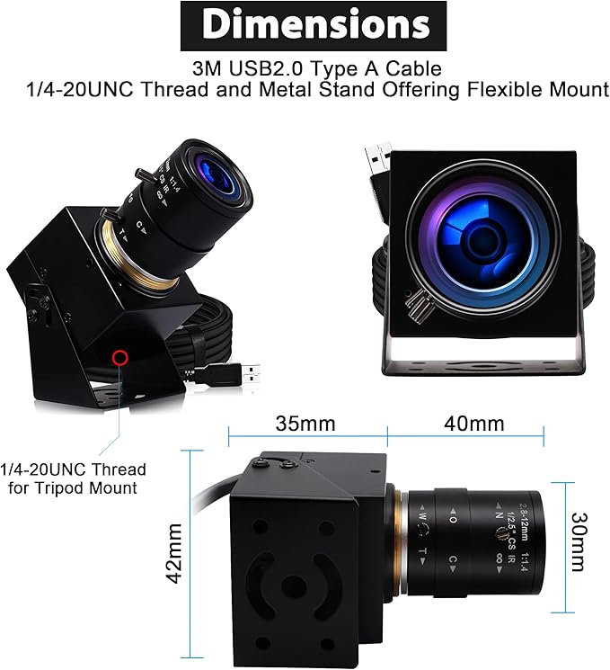 SVPRO USB Camera 1080P Full HD Webcam 2MP Machine Vision Industrial Camera 2.8-12mm Varifocal Lens Manual Focus Webcam 100fps/60fps/30fps for WindowsMacLinuxAndroid