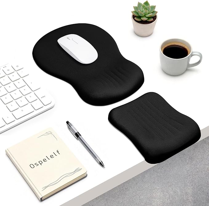 Ospelelf Mouse Pad with Wrist Rest Set Foam L-Shaped Desk Elbow Pad Ergonomic Desk Edge Cushion Anti-Slip Rubber Bottom Office Women Desk Accessories for Computer Laptop and Gaming Black