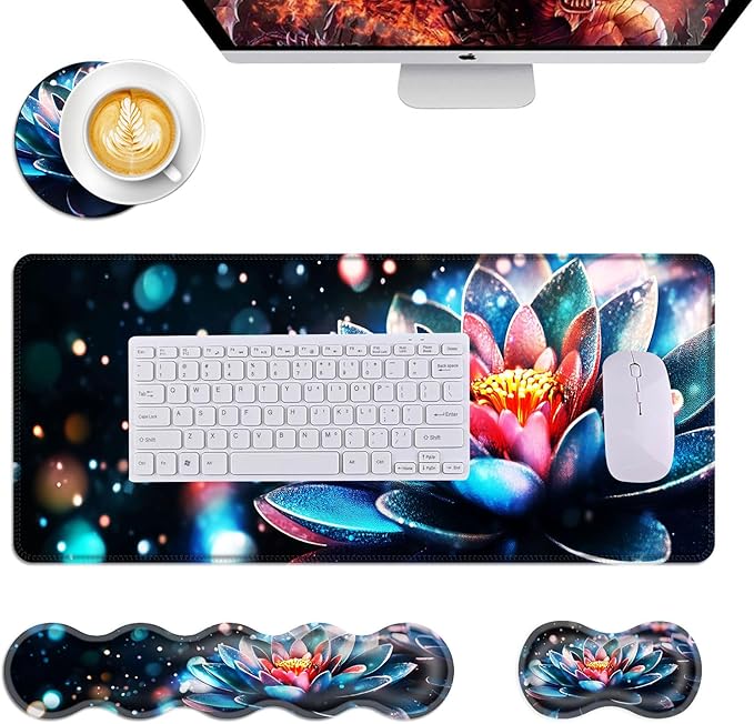 Mouse PadLarge Desk Mat Set 4in1 XL Mousepad + Keyboard Wrist Rest+Mouse Wrist Rest+Coaster with Ergonomic Desk Pad for Home Office Table Computer Cover -Sparkling Blue Pink Lotus