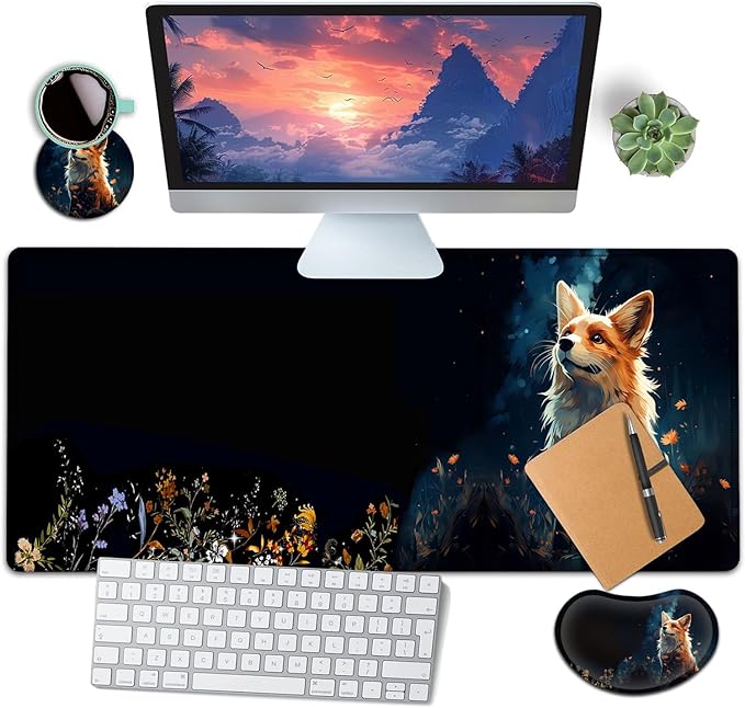 Large Mouse Pad with Mouse Wrist Rest 31.5x11.8 in Extended Mouse Mat with Non-Slip PU Base Ergonomic Memory Foam Wrist Rest for Work &amp Gaming Writing Pad Cute Red Fox Animal Office Desk Pad