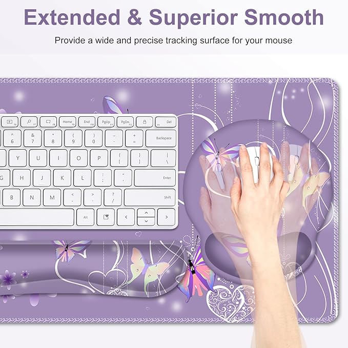 Purple Butterflies Florals Mouse Pad XXL Large Desk Mat Extended Reading Desk pad 4PCS Non-Slip Rubber Base Computer Big Mousepads for Work Game Office Home Decor Girls Woemn Gifts Accessories