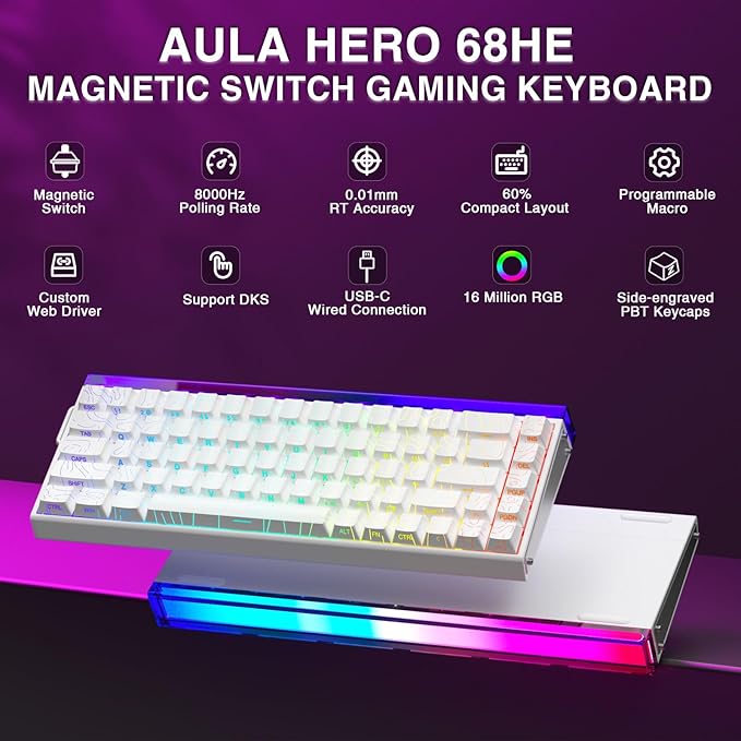 AULA Hero 68 HE 60% Gaming Keyboard Wired Hall Effect Magnetic Switch Keyboard with 8K Hz Polling Rate Side Printed PBT Keycaps RGB Backlit Light Box Customizable Web Software for PC/Mac Gamers