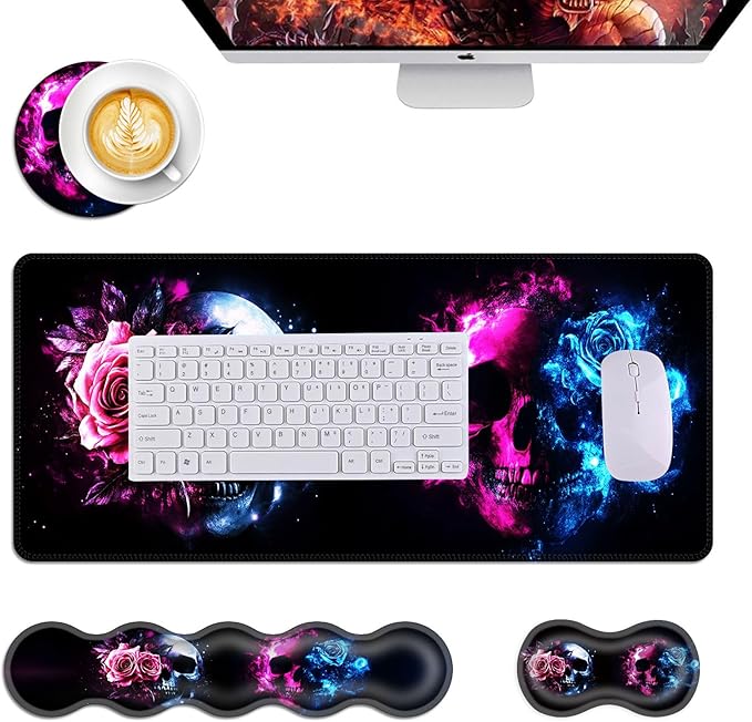 Mouse PadLarge Desk Mat Set 4in1 XL Mousepad + Keyboard Wrist Rest+Mouse Wrist Rest+Coaster with Ergonomic Desk Pad for Home Office Table Computer Cover -Neon Skulls with Roses