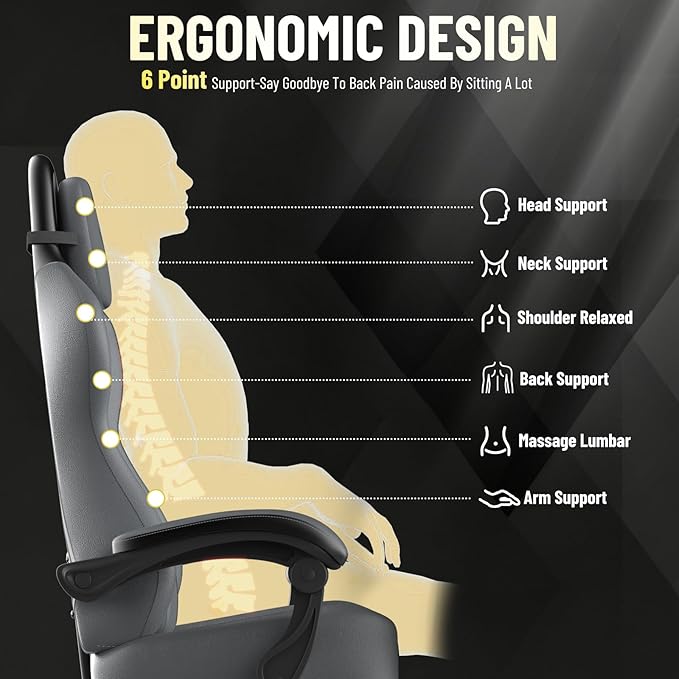 Ferghana PU Leather Gaming Chair with Wider Seat Cushion Diamond Double-Stitching Ergonomic High Back Game Chair with Footrest Computer Chair with Massage Lumbar Support for Adult Gray/Black