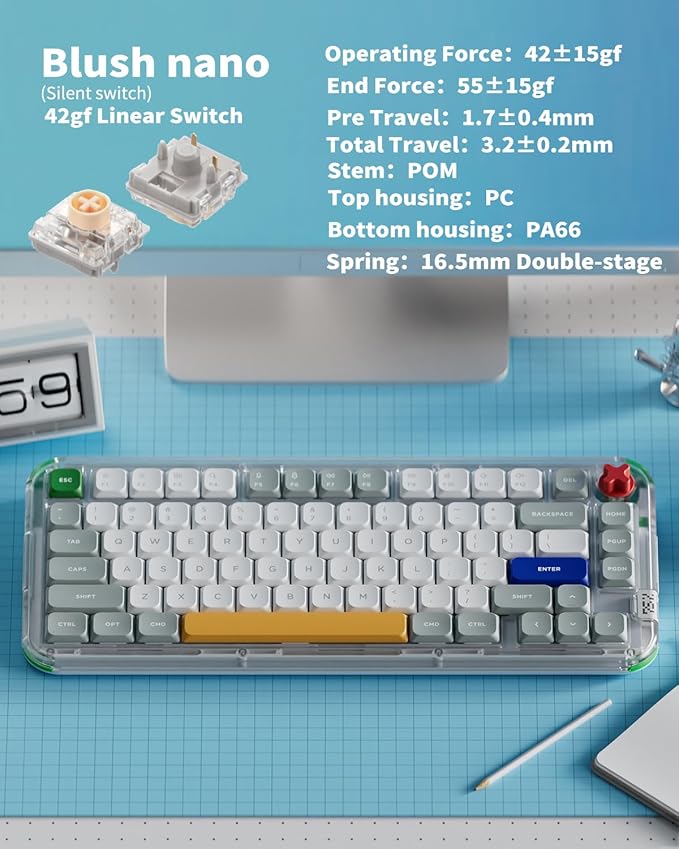 nuphy Kick75 Wireless Mechanical Keyboard with Knob75% Layout 80 Keys RGB Backlit Hot Swappable Low Profile Keyboard with PBT KeycapsGaming Keyboards Support BT/2.4G/USB-C (Blush Nano Switch)