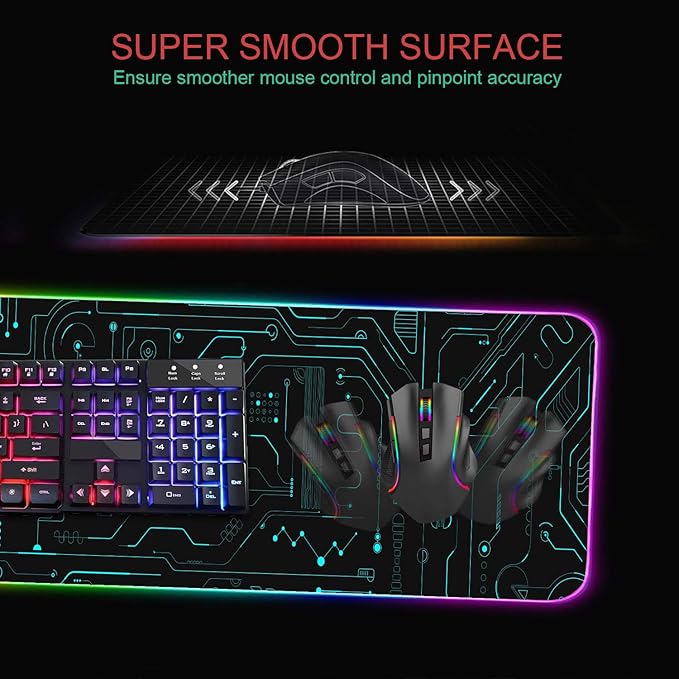 RGB Gaming Mouse Pad with Coffee Coaster XXL Large Glowing LED Mousepad Anti-Slip Rubber Base Computer Keyboard Desk Mouse Mat 31.5 X 11.8 Inch - Circuit Board Pattern