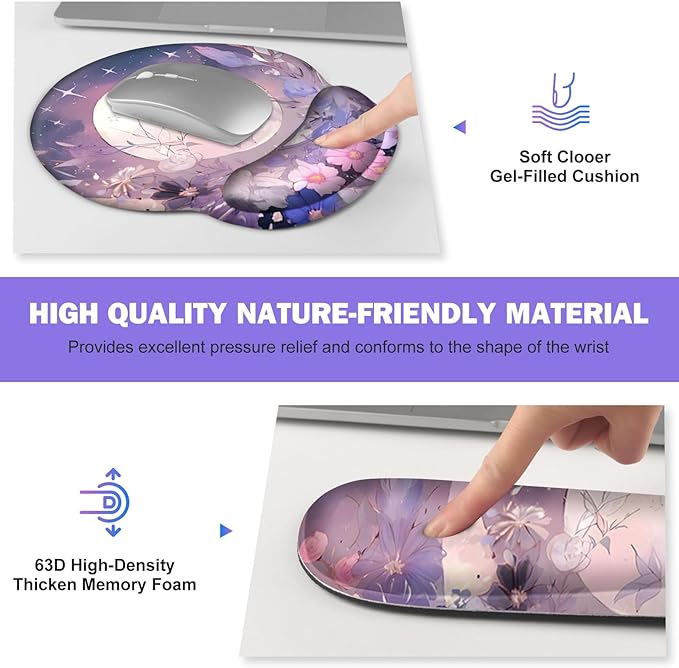 Large Desk Mat Gaming Mouse Pad Desk Pad Protector XXL Mousepad + Keyboard Wrist Rest+Mouse Wrist Rest+Coaster Set with Ergonomic Desk Pad for Home Office PC Computer Pastel Purple Flower Moon