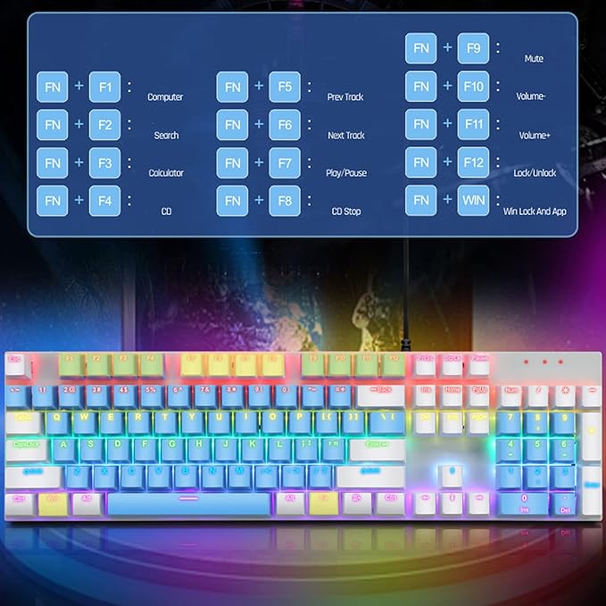 RGB Backlit 104 Keys Mechanical Gaming Keyboard USB Wired Computer Keyboard 28 Backlight Modes for Windows 2000 for Vista (Blue and White)