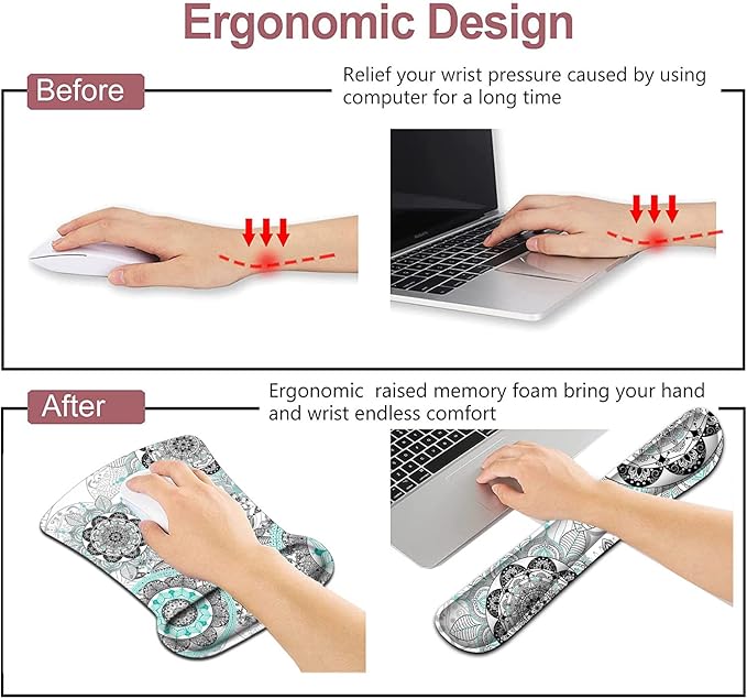Mouse Pad with Wrist Support Ergonomic Gel Mouse Pad White Mandala Flowers Non-Slip and Durable Memory Foam Keyboard Wrist Rest Suitable for Office Typing Games Non-Slip and Durable