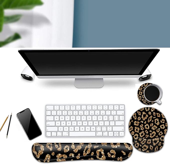 Ergonomic Mouse Pad Gel Wrist Support and Memory Foam Keyboard Wrist Rest Set for Gaming Computer Office Laptop Easy Typing Wireless Mouse Mat Gold Glitter Leopard Black Office Desk Pad